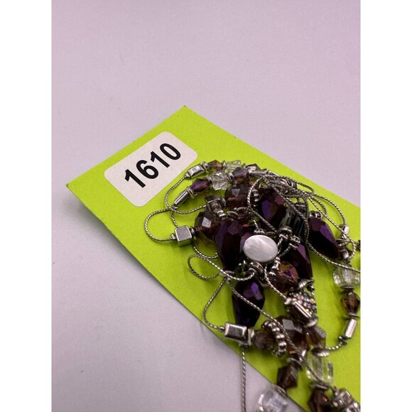 Long Necklace Purple Beads Glass Mother of Pearl Silver Tone Chain Layered - Picture 14 of 15